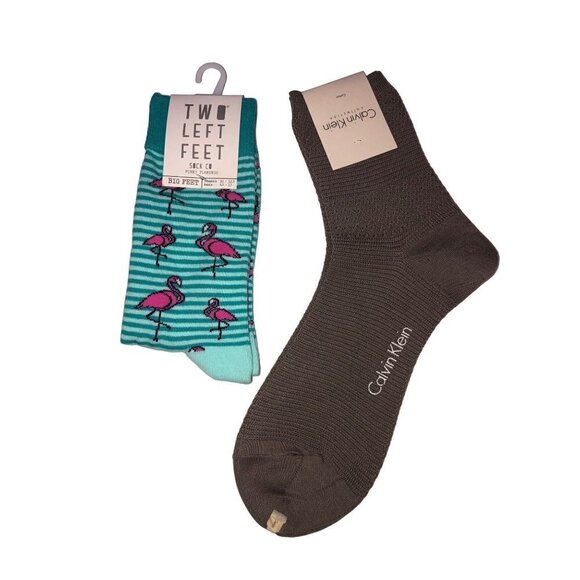 Large Socks 2 Pair Calvin Klein Two Left Feet Flamingos Blue Striped Brown NWT - Picture 1 of 6